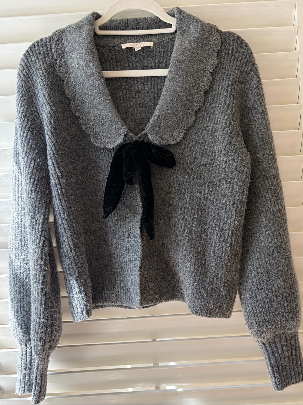 Wayf Sloan Bow Gray Scalloped Collar Knit Cardigan with Black Velvet Tie